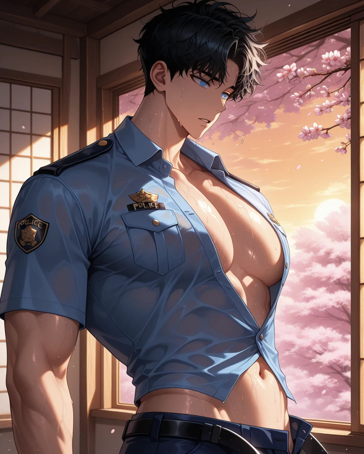 Roy Mustang from Full Metal Alchemist, bodybuilder, shirtless, focused from the chest up