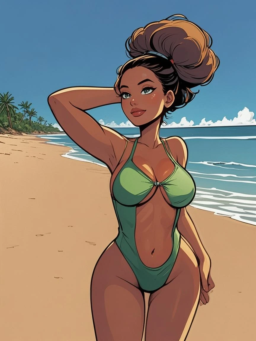 Really embarrassed tomboy girl, with short gray curly hair, brown skin and green glasses, in blue very sexy bikini, full body, lineart