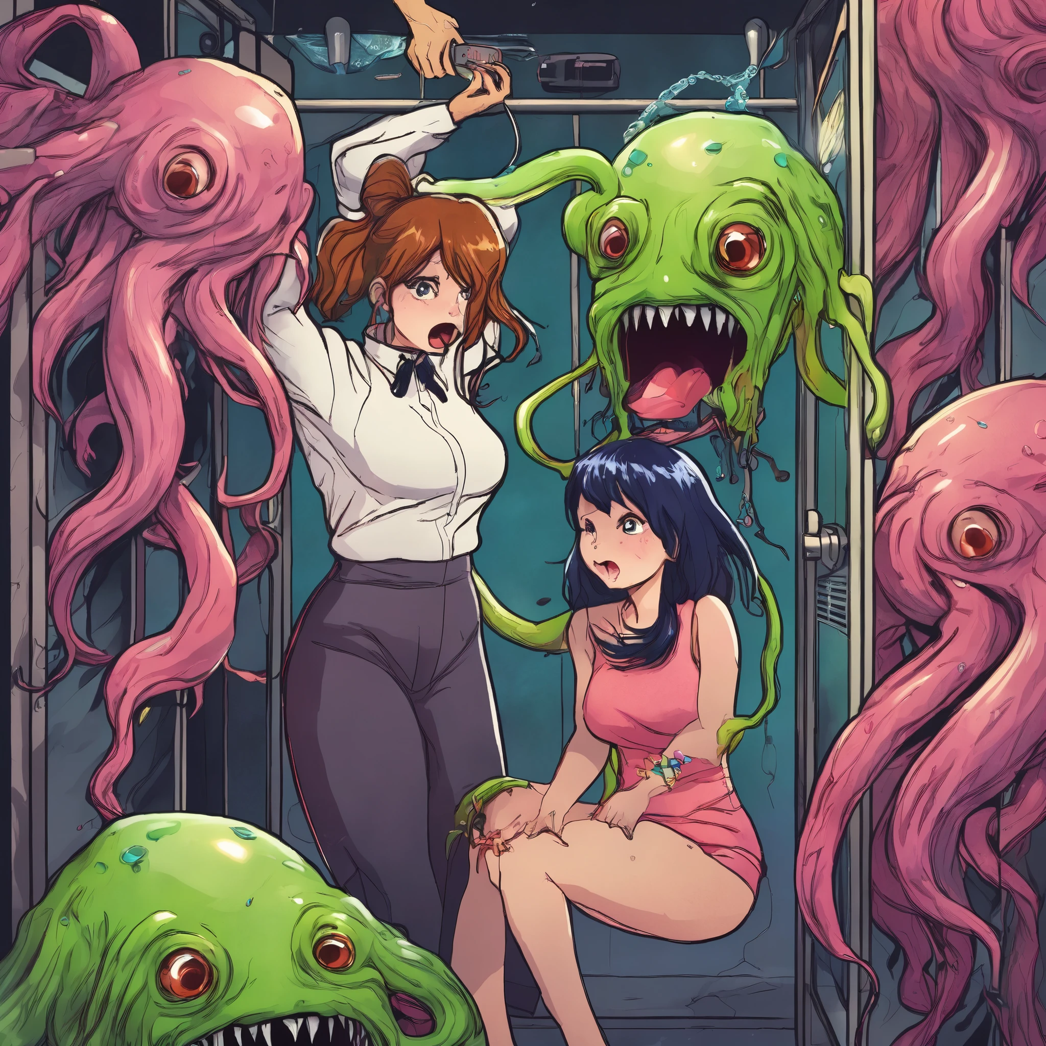 (slime vore) Three gorgeous women (varied height, varied weight, varied race, wearing a towel or less, crazy hairdo, crazy jewelry, tend towards fit and hourglass figure) they are scared and struggling a steamy women's locker room, being caught by tentacles which forcefully restrain their arms and legs while being absorbed by horror monster 'The Blob', damsel in distress, damsel demise. One woman is live streaming about how scared she is while holding her cell phone