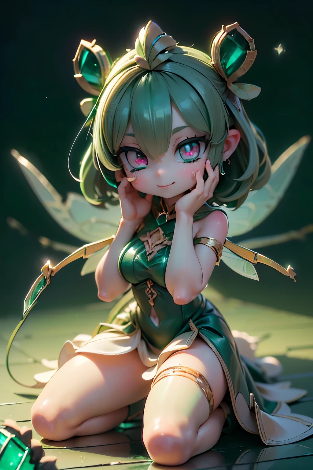 solo,1 female,cute, cute,small ,Skin color is white,(Succulents Succulents Fairy:1.5),(Mysterious fairy:1.5),(An accurate and perfect hand:2.0),(anatomically accurate hands:2.0),( ballerina pose :1.5),(Emerald Green Jewel-like Eyes:2.5),(Sparkling highlights on the eyes Reflected light:2.0),(Background is a Blue Sky and Beautiful Fresh Green Forest:1.5),(Yellow-green shiny semi-long hair:1.2),(is smiling:1.2),(with large transparent Dragonfly and agave wings growing on its back:1.7),(beautiful luxurious dress like metallic green Succulents:1.5),big cute smile,(Dragonfly's Beautiful Wings on Her Back:1.5),[Dragonfly Wings:1.5],(The background is a blue sky, beautiful fresh greenery, and an agave forest:1.5),(8k,very detailedCGユニットのwallpaper, masterpiece,high definition, real texture skin,surrealistic,Increase Resolution,RAW Photo,best quality,very detailed,wallpaper,Movie Lighting, Raytrace ,face close-up,(face light:2.0),(Increase overall color saturation:2.0),(cowboy shot with one knee on the floor:1.5), Frontal lighting ,