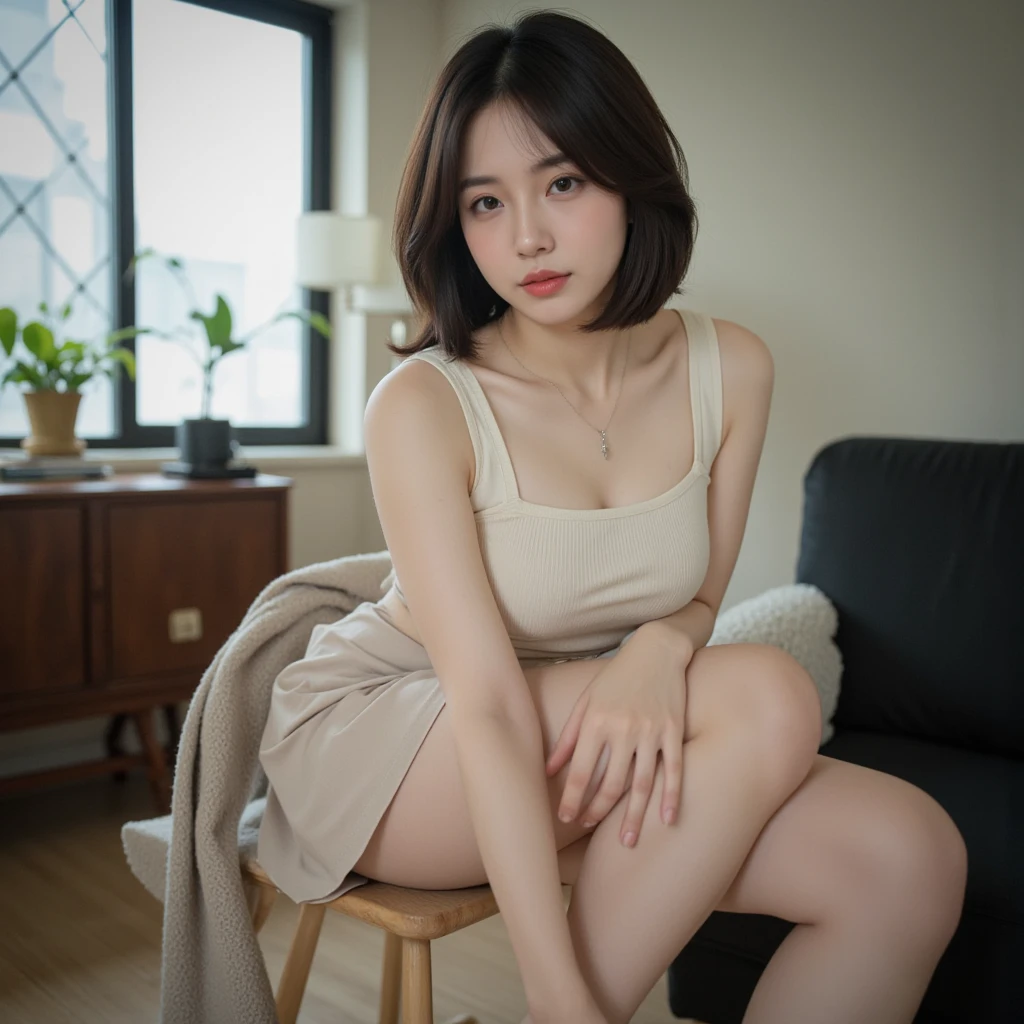((top quality, 8k, masterpiece: 1.3, raw photo)), Sharp Focus: 1.2, (1 aespa girl: 1.2), (Realistic, Photorealistic: 1.37), (face focus: 1.1), cute face, small breasts, flat chest, short messy hair, sitting, from below, home room, (A beautiful woman wearing a simple and clean white dress: 1.1), cinematic lighting