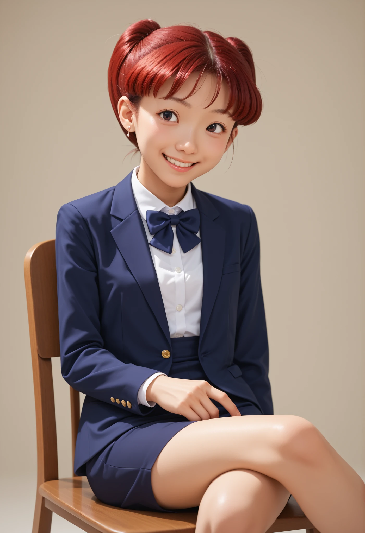 masterpiece, Highest Quality, kawaii, Japanese woman in her 20s, red hair, short hair, The hair bounces, blazer, skirt for ears, bow tie, smile, sit on a chair