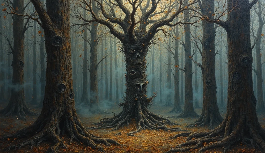 focus on an adorable, cute hidden creature in the tree roots, lonely aging tree in the dead forest, black birds flock, In the style of zdzislaw beksinski, by Alexander Jansson, by Max Weber formal decorated ornate, intricately detailed, minute lines, insane details