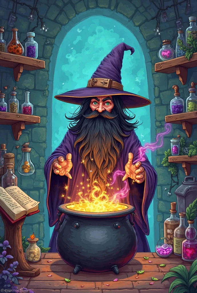 Create an image of the football player Ronaldinho Gaúcho wearing a wizard's hat and stirring a cauldron of magical potions, reflecting his nickname 'Bruxo'. In the environment of the image, there should be a witch's cauldron where Ronaldinho Gaúcho is preparing a magical potion. The purpose of this creation is to highlight all of Ronaldinho's qualities as a football player, which earned him the nickname 'Bruxo'.