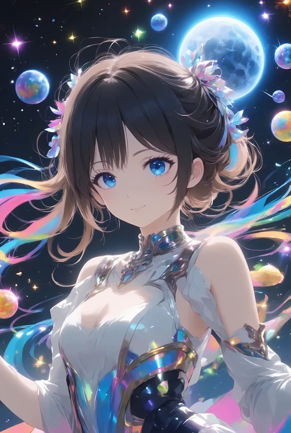 (Ultra HD、Very detailed、Highest quality、Ultra Wide Angle、A touch of watercolor、Light and pale colors):1.5、Clean poster design、(Acrobatic pose、whole body、Detailed face、Top view、Excessive objects、Countless scattered objects and accessories、Space and cyber themed design、Asymmetrical clothing、Multiple colorful paint splatters forming a circle、Multiple colorful smoke puffs coming out、Grains of sand and jewels sparkle as they float by):2.0