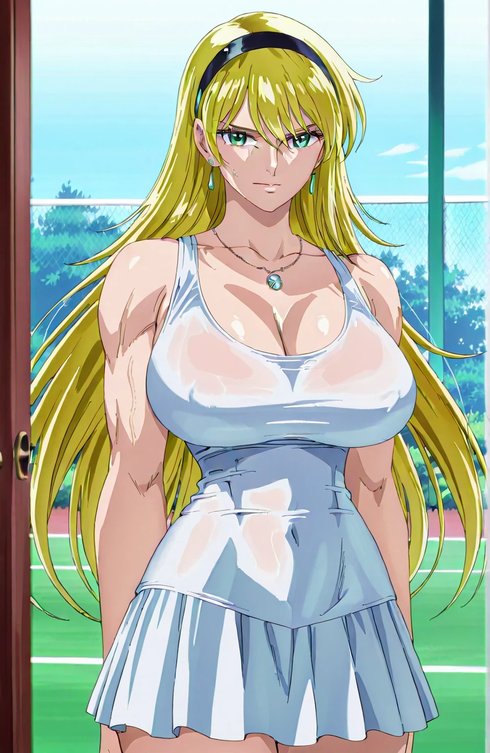 score 9 、score 8 up、score 7 up、source anime、傑作、最高品質、高解像度、anime coloring、1woman、katya、cool beauty、
long hair anime woman is wearing a white tennis wear、solo、美しいアニメのポートレート、beautiful anime woman、アニメの女性のポートレート、elegant anime woman、elegance anime woman、huge breasts、cleavage、very large breasts、biceps、biceps long head、biceps short head、triceps、triceps medial head、triceps lateral head、triceps longhead、brachioradialis、deltoids、anterior deltoids、middle deltoids、posterior deltoids、thigh muscles、semitendinosus muscles、hamstrings、adductor magnus muscles、collarbone、trapezius、(blonde hair:1.5)、Hair between the eyes、睫毛、very long hair、green eyes、jewelry necklace、jewelry earrings、black hairband、anime woman is wearing a white tennis one piece、アニメの女性の肖像画、elegant atmosphere、elegance atmosphere、outfit:white tennis one piece、no sleeve、bare shoulders、bare arms、woman is wearing a white tight skirt、女性アニメキャラ、cool anime woman、very tall womam、basic tennis one piece、tennis one piece with an white、toned body、tennis one piece sleeve with an no sleeve、魅力的なアニメの女性、アニメ女性のポートレート、detailed アニメ女性のポートレート、anime screencap、アニメの女性のポートレート、アニメの女性の肖像画、王女としての王様賛美歌、looking at viewer、cowboy shot、female focus、屋外、Tennis court、