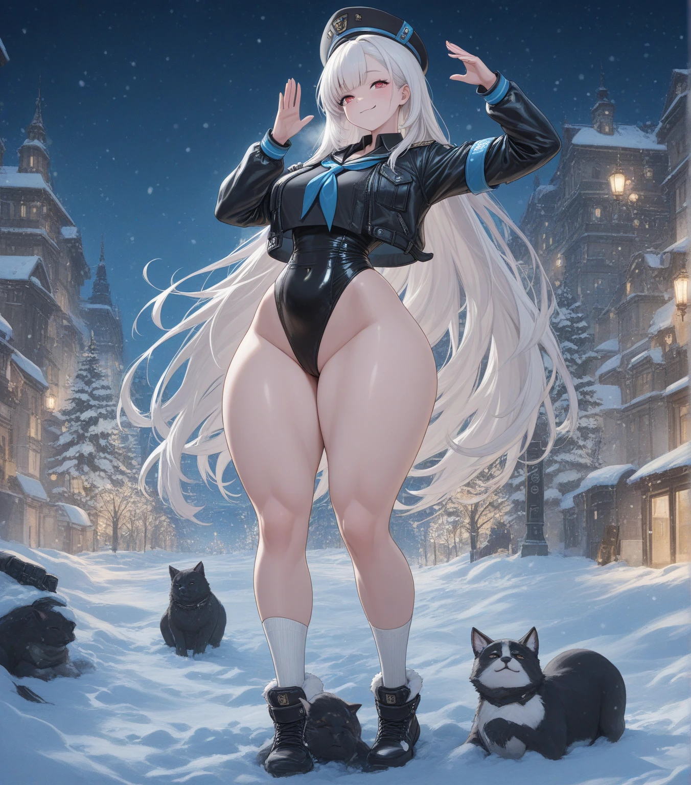 masterpiece, best quality, extremely detailed, 1girl, mature female, solo, battle bunny riven, (huge breasts), (((white hair, long hair, bun, blue eyes, slit pupils, rabbit ears))), red lips, (((black latex bodysuit, long sleeves, turtleneck, covered collarbone))), ((light smile), closed mouth), ((arms behind head, destroyed buildings, winter, snowing, storm clouds))