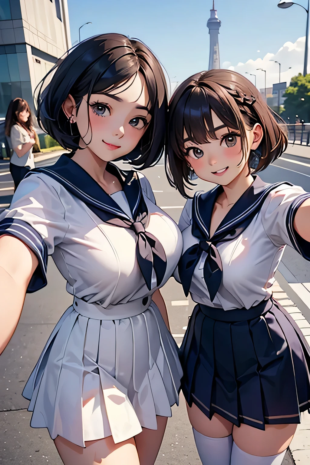 Highest Quality、high definition、masterpiece、iPhone camera-style landscape photo、Vivid colors、blue sky、natural light、sharp details、Wide angle perspective、detailed face、detailed eyes、age beauty、anatomically correct、(huge breasts:1.3)、perfect body line、3 women taking selfies with cute colored hair、braided bob cut、Navy Sailor Suit、white sailor color、plaid pleated skirt、White Stockings、Happy Atmosphere、cute仕草、big smile、
(Two women taking selfies against a popular spot in the background:1.5)、Odaiba Marine Park、 rainbow bridge 、Tokyo Skytree、cute
