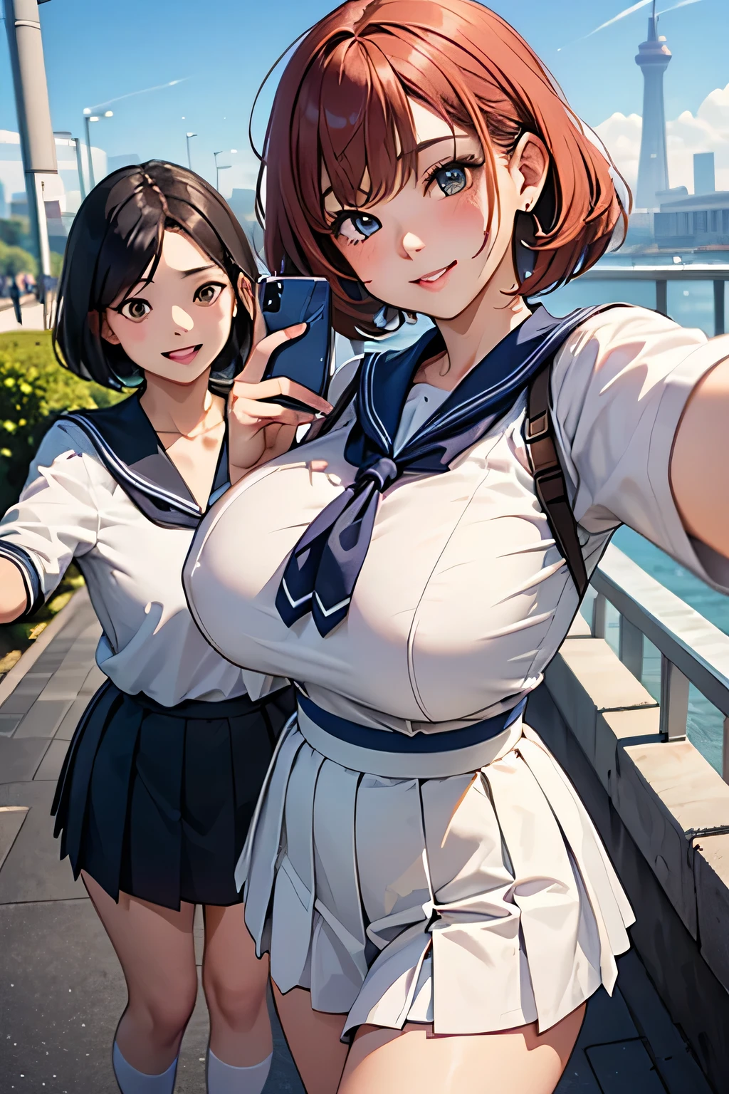 Highest Quality、high definition、masterpiece、iPhone camera-style landscape photo、Vivid colors、blue sky、natural light、sharp details、Wide angle perspective、detailed face、detailed eyes、age beauty、anatomically correct、(huge breasts:1.3)、perfect body line、3 women taking selfies with cute colored hair、braided bob cut、Navy Sailor Suit、white sailor color、plaid pleated skirt、White Stockings、Happy Atmosphere、cute仕草、big smile、
(Two women taking selfies against a popular spot in the background:1.5)、Odaiba Marine Park、 rainbow bridge 、Tokyo Skytree、cute