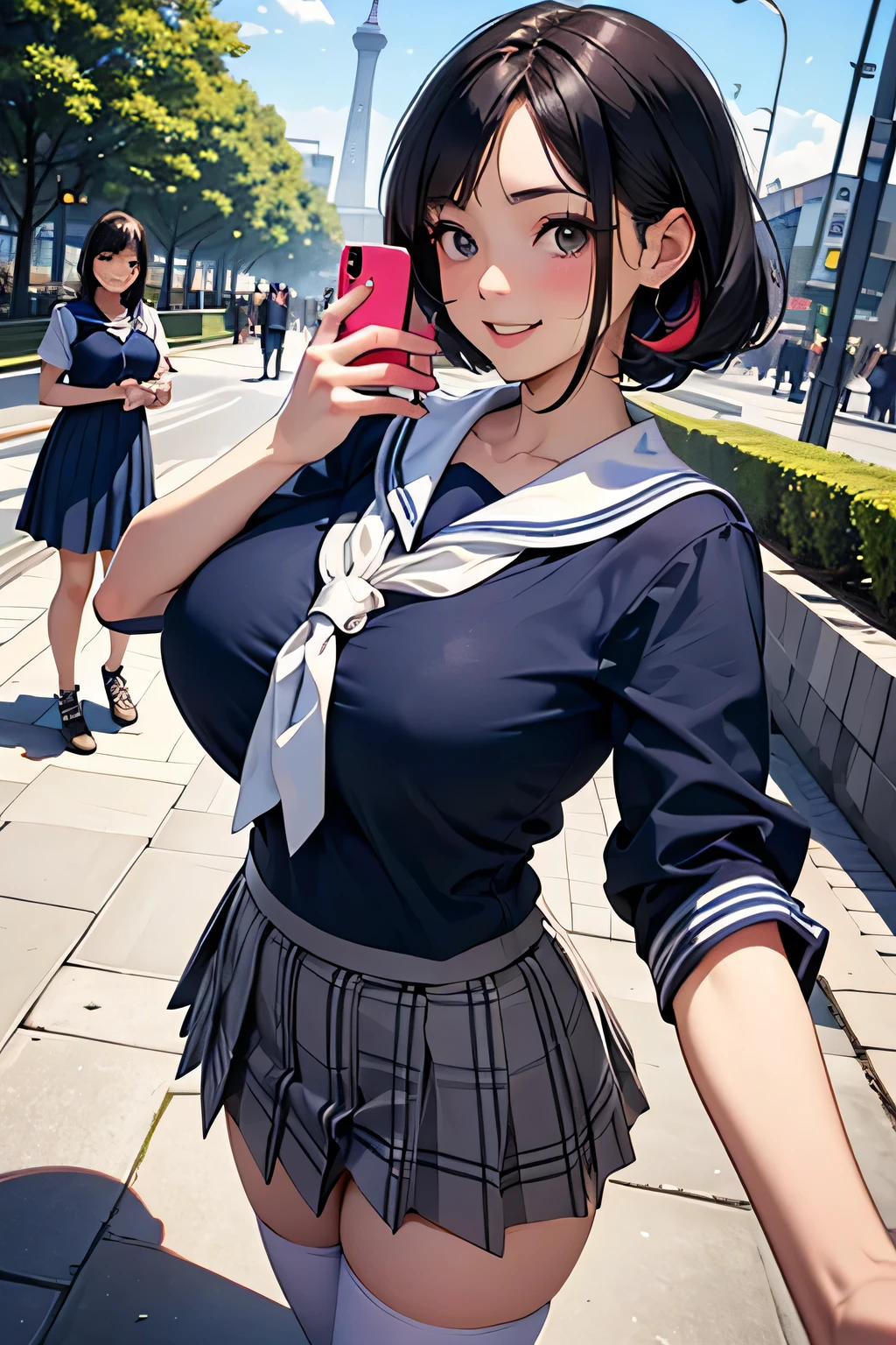 Highest Quality、high definition、masterpiece、iPhone camera-style landscape photo、Vivid colors、blue sky、natural light、sharp details、Wide angle perspective、detailed face、detailed eyes、age beauty、anatomically correct、(huge breasts:1.3)、perfect body line、3 women taking selfies with cute colored hair、braided bob cut、Navy Sailor Suit、white sailor color、plaid pleated skirt、White Stockings、Happy Atmosphere、cute仕草、big smile、
(Two women taking selfies against a popular spot in the background:1.5)、Odaiba Marine Park、 rainbow bridge 、Tokyo Skytree、cute