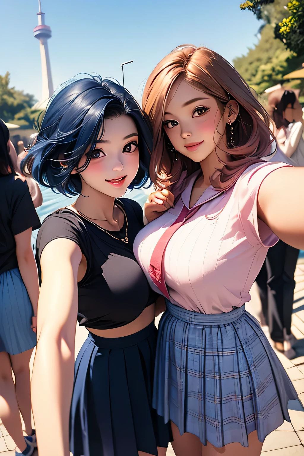 Highest Quality、high definition、masterpiece、iPhone camera-style landscape photo、Vivid colors、blue sky、natural light、sharp details、Wide angle perspective、detailed face、detailed eyes、age beauty、anatomically correct、(huge breasts:1.3)、perfect body line、3 women taking selfies with cute colored hair、braided bob cut、Navy Sailor Suit、white sailor color、plaid pleated skirt、White Stockings、Happy Atmosphere、cute仕草、big smile、
(Two women taking selfies against a popular spot in the background:1.5)、Odaiba Marine Park、 rainbow bridge 、Tokyo Skytree、cute