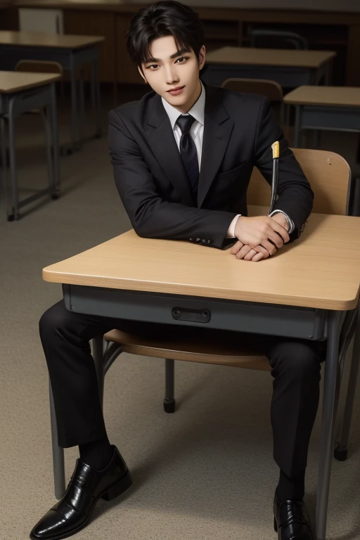 Japanese male physical education teacher, muscular man in a suit, voluptuous, strong man sitting on desk, legs open, erotic underwear, forced , boxer shorts A child makes him take off his suit, he ejaculates continuously in his boxer shorts, he is embarrassed about his crotch outline of