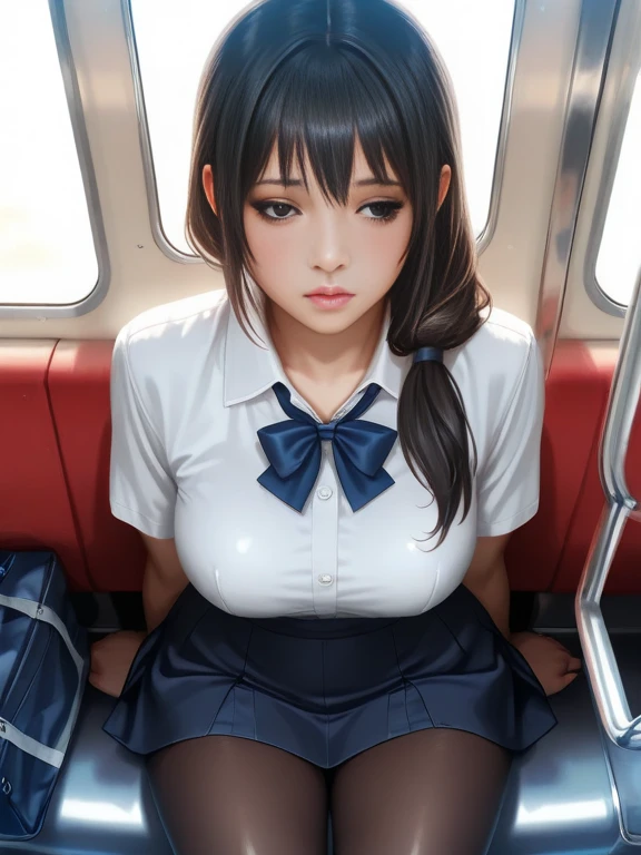 beautiful detailed illustration,amazing art,(((Extremely detailed))),
sitting 1girl,bangs,female high-school student,sleeping,Closed eyes,WHITE panties,skirt,
cowboy shot,from FRONT
,(((Extremely detailed))),On the train, a young woman is sleeping contentedly. Through the gap between her legs and skirt, her panties can be seen. As the vehicle rocks, her peaceful expression and gentle breathing create a calming atmosphere
,(((Extremely detailed)))