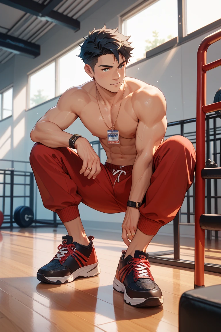 (masterpiece, best quality ), 1man, muscular, short hair, brown eyes, intricate, (locker room) , full body, white baseball uniform, open red jacket, vivid colors,(depth of field:1.2),(abs),blush, looking at viewer, on floor, spread legs,