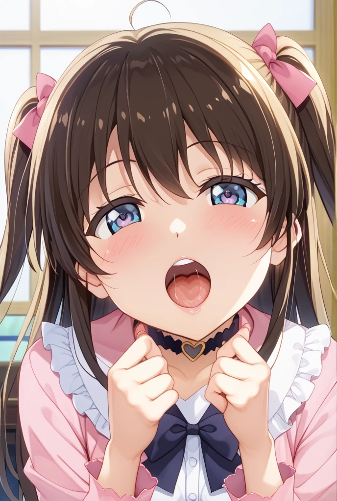 One girl, alone, Crying face, blush、Are standing, mini skirt, Upper Body, Hanadera Nodoka,Face close-up、 (Fellatio gestures:1.3), (Open your mouth:1.2), Leaning forward, (Long Tongue:1.3), (Place your hand near your mouth)、3 Boys、12 years old、3 Penis:1.3、Facial:1.3,I ejaculated and there was a lot of semen on my face、Staring at the penis:1.3