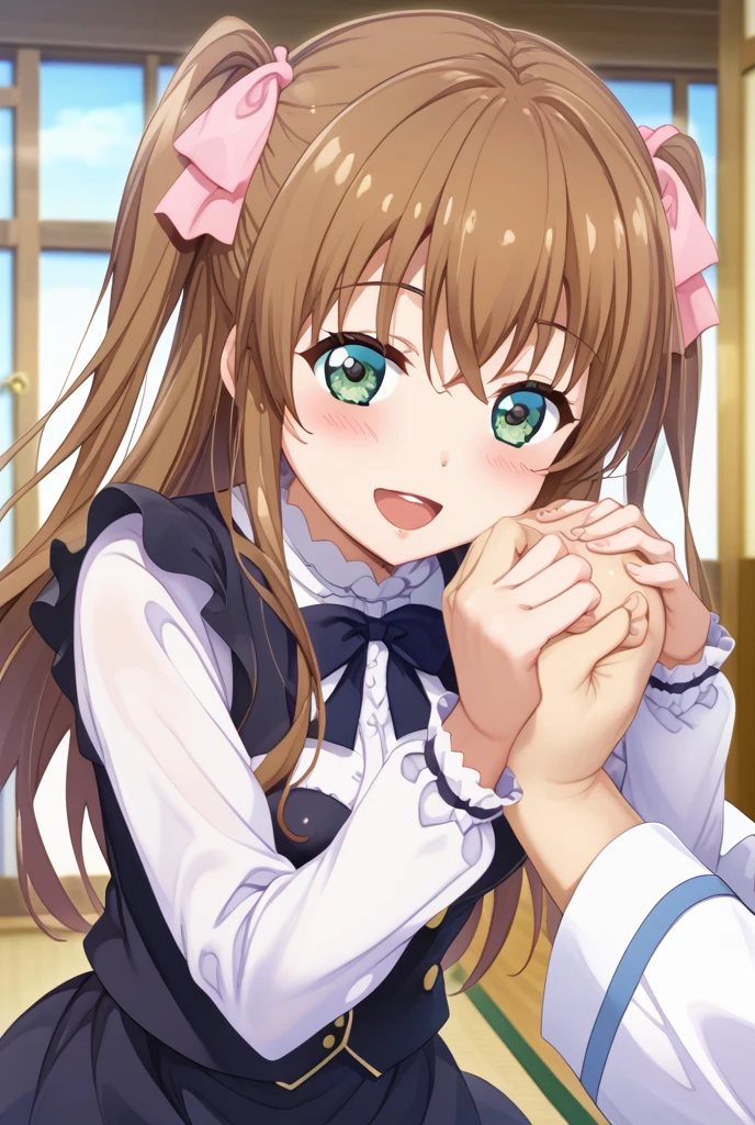 score_9, score_8_superior, score_7_superior,Source Anime, , One girl, himesaki_Rinami, ベットのsuperior, smile, ribbon, Black jacket, Handjob,Large Breasts, front,High resolution, Staring at me,