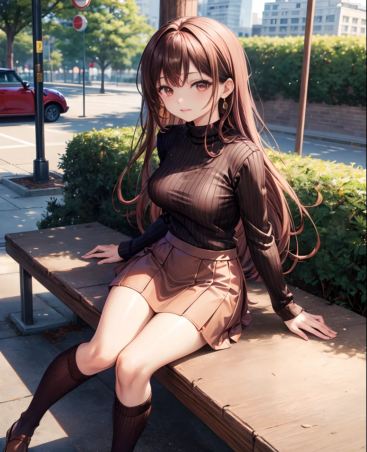 top-quality、Full limbs、complete fingers、Slender beauty、straight haired、Brown hair、((Black Long Sleeve Knit Top))、((Red Mini Flared Skirt))、Brown pantyhose、Beautiful Large Breasts、a park、Sitting on a bench