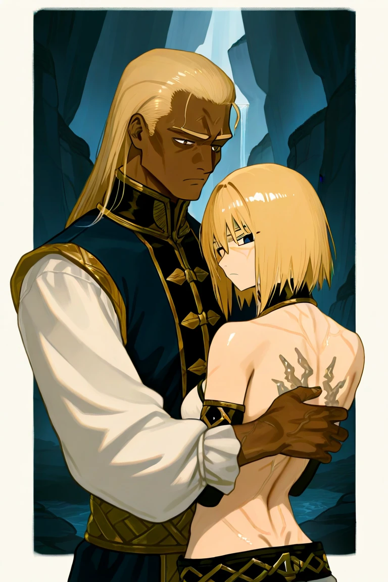 ((Highest quality)), ((masterpiece)), (detailed), （Perfect Face）、A man and a woman who are in love, have sex and make a baby、The woman is Queen Zelda of the Gerudo tribe, she has blonde hair in a bob cut, blue eyes, is naked, and loves her husband Ganondorf with all her heart.、The man is a dignified, middle-aged, bearded, muscular man with red hair and dark skin, King Ganondorf, the king of the Gerudo tribe, naked and making love to his wife, Zelda.、A man and woman are embracing and kissing on the luxurious throne of the Gerudo royal family.、The queen and the king are so infatuated with each other that they have sex and love each other, and they both wear engagement rings.