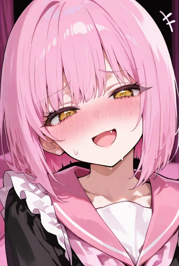 smile、Ultra-detailed illustrations、Ultra-precise expression、masterpiece、Highest quality、ultra High resolution、High resolution、Hiromitsu Takeda Style、White background、Simple Background、Mash Kyrielight、light purple hair,short hair,hair over one eyes、Black sleeveless dress, White collar、Red tie、Black Pantyhose、Purple eyes、smile、Open your mouth、Choker of Hearts、White Breath、Sweat、Glowing Skin、shiny skin、Side angle、Put the plate、、semen、Semen、eat、Put a spoon in your mouth、