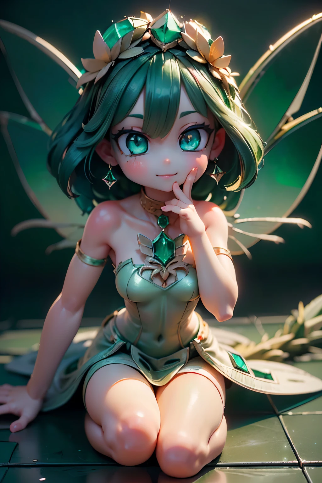 solo,1 female,cute, cute,small ,Skin color is white,(Succulents Succulents Fairy:1.5),(Mysterious fairy:1.5),(An accurate and perfect hand:2.0),(anatomically accurate hands:2.0),( ballerina pose :1.5),(Emerald Green Jewel-like Eyes:2.5),(Sparkling highlights on the eyes Reflected light:2.0),(Background is a Blue Sky and Beautiful Fresh Green Forest:1.5),(Yellow-green shiny semi-long hair:1.2),(is smiling:1.2),(with large transparent Dragonfly and agave wings growing on its back:1.7),(beautiful luxurious dress like metallic green Succulents:1.5),big cute smile,(Dragonfly's Beautiful Wings on Her Back:1.5),[Dragonfly Wings:1.5],(The background is a blue sky, beautiful fresh greenery, and an agave forest:1.5),(8k,very detailedCGユニットのwallpaper, masterpiece,high definition, real texture skin,surrealistic,Increase Resolution,RAW Photo,best quality,very detailed,wallpaper,Movie Lighting, Raytrace ,face close-up,(face light:2.0),(Increase overall color saturation:2.0),(cowboy shot with one knee on the floor:1.5), Frontal lighting ,