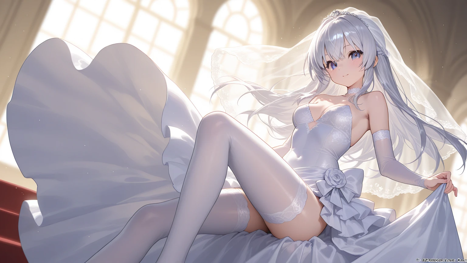 ((Biologically correct limb count))、(( From head to toe、Full-body photo including face))、4K、((Standing position))、masterpiece、((Focus on the face))、((Symmetrical facial features))、Eyes with detailed description、Beautiful woman、Great style、Beautiful arms、Beautiful legs、Beautiful Hands、(Small Ass、Thin thighs)、Facial detailing、Small earrings、necklace、(beret、Black leather mermaid dress、((High heels、Patterned stockings)))、((Chapel during the day、wedding、Chapel))、Close-up photo of the upper body、Silk gloves、(((Silver Hair)))、(Thick fog)