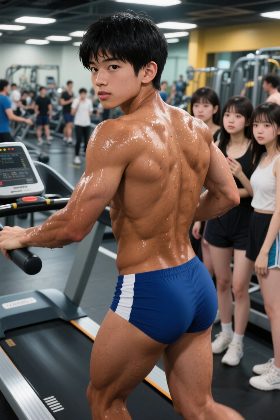 Best quality, asian man, jogging on treadmill, ass, topless, thong, big bulge.