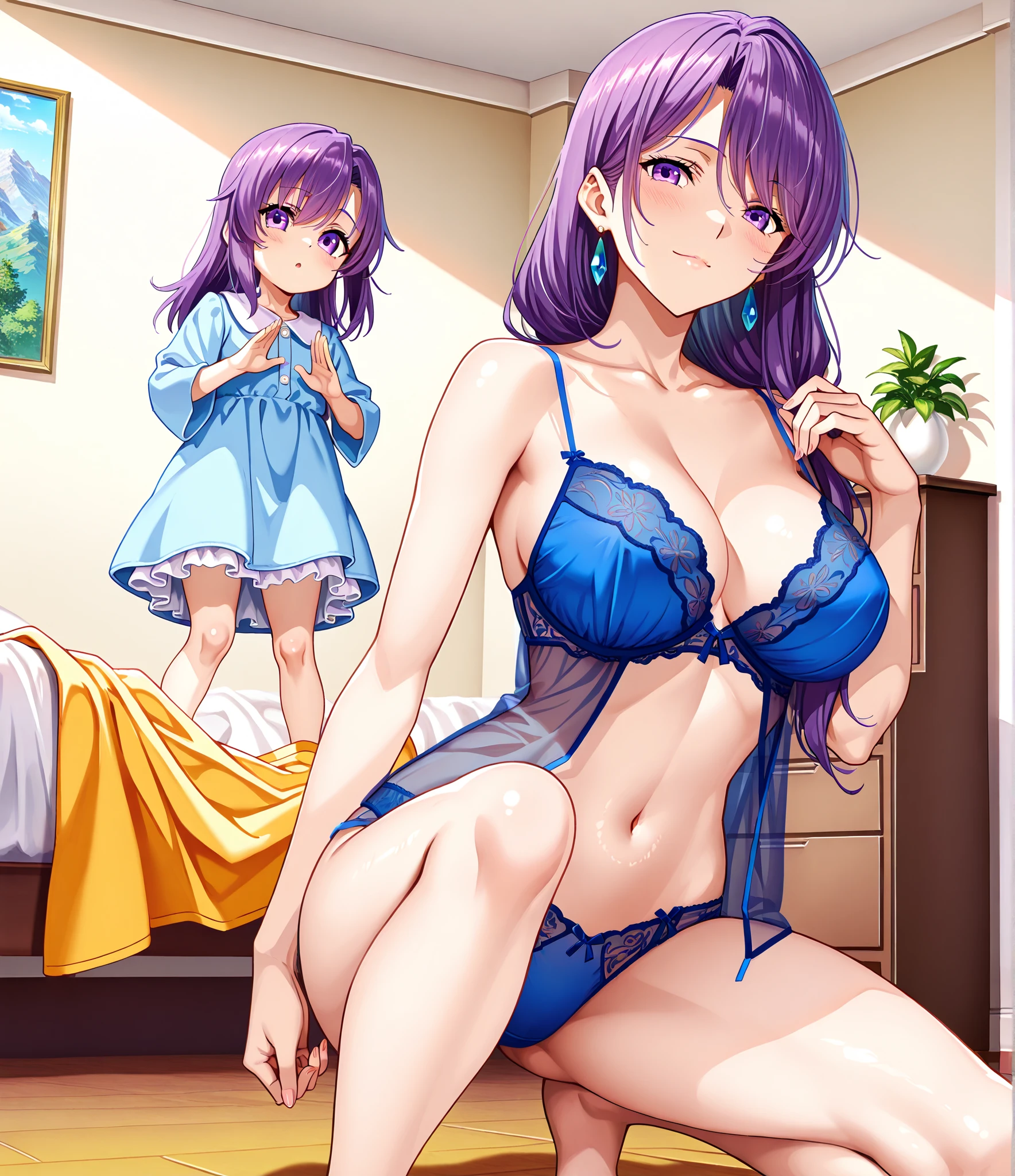 (miniature woman in front of a giantess breasts: 1.2), (miniature woman in front of the breasts of a giantess: 1.2), a giantess looming over a minigirl on a bed, (miniature woman on a tiny blanket in front of a girl: 1.1), (princess bed: 1.2), (2girls:1.8), (giantess:1.2), (size difference: 1.2), (height difference: 1.5), (bra:1.2), (minigirl:1.5), (mature adult teenage girl: 1.5), scared, happy, >:D, (looking down at a girl: 1.1), (looking up at a giant: 1.1), blushing, anime style 4 k, beautiful anime portrait, very detailed, simple colors, pastel, (vibrant and aesthetically pleasing), (a woman with a fragile build: 1.1), (smooth shiny skin: 1.1), (absurdres:1.1), (huge breasts with cleavage:1.3), :3
