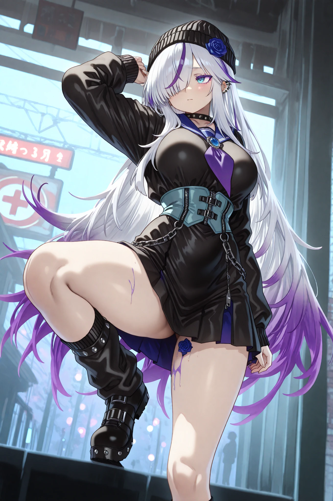 One girl、Anime solid color、cyber punk、Purple Hair、Black jacket、Smile with your mouth closed、Highest品質, High definition, Ultra-fine, Highest_detailed