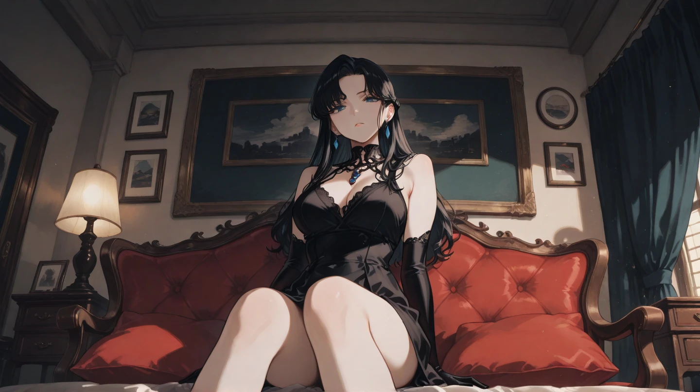 Delve into an anime-inspired still image that portrays an alluring milf reclining on a sumptuous bed, engaged in an intimate act of self-pleasure and bliss, as her surroundings exude an air of secrecy and allure.