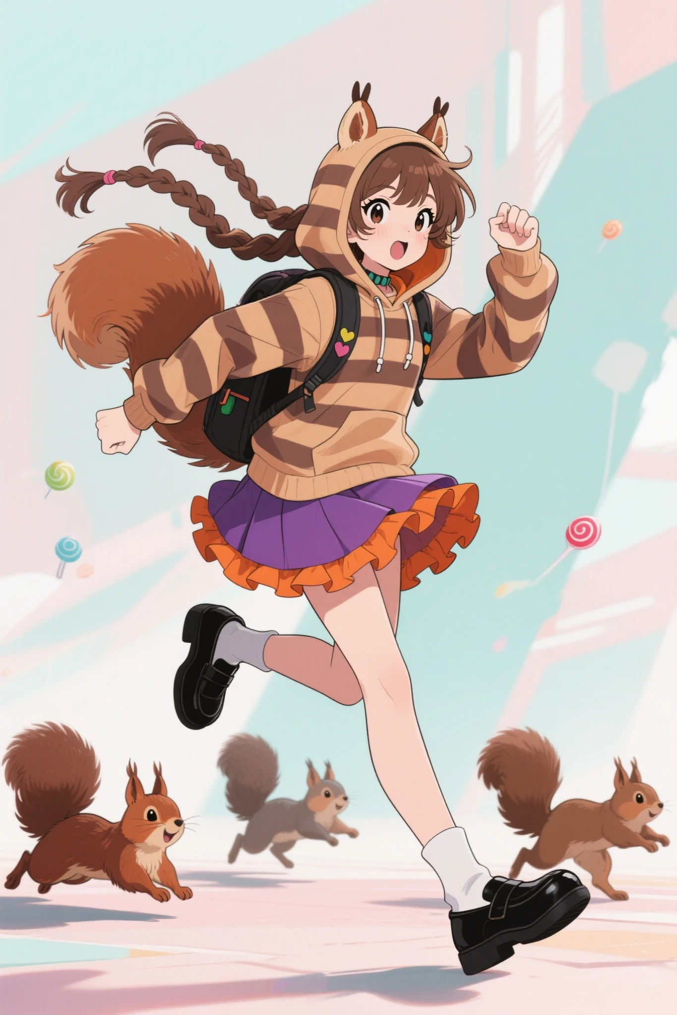 This girl's character is depicted in playful, dynamic poses, Kicking movement,Brown Braided Hair ,has a slightly open mouth, squirrel tail,I'm wearing a squirrel striped hoodie with squirrel ears,Layered dress with purple skirt and orange ruffles,wearing black loafers,has a small backpack,A few squirrels are running beside her,The background has an overall abstract atmosphere in soft pastel colors,complements her vivid taste,animeキャラクター,portrayed in strong composition on a large screen, anime, production animeーションセル, candy-punk character design,   production art