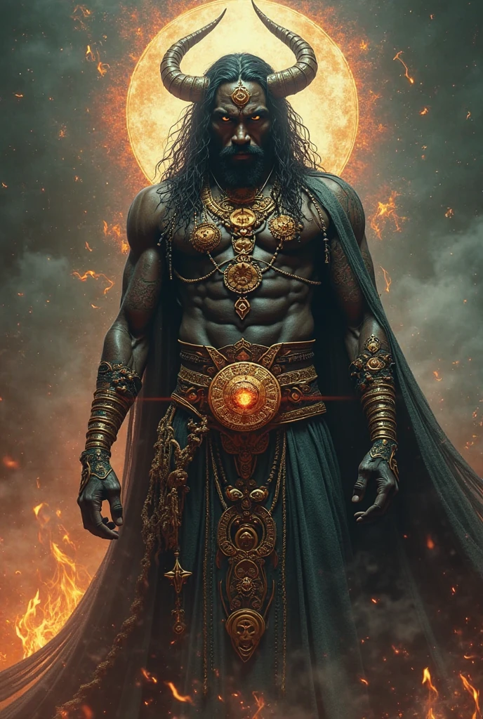 Orixa man with black skin, Xango, dressed in brown and red, in the quarries of the mountains, with his ax in his hands, in the forces of fire, without horns, with his crown as king of the mountains.