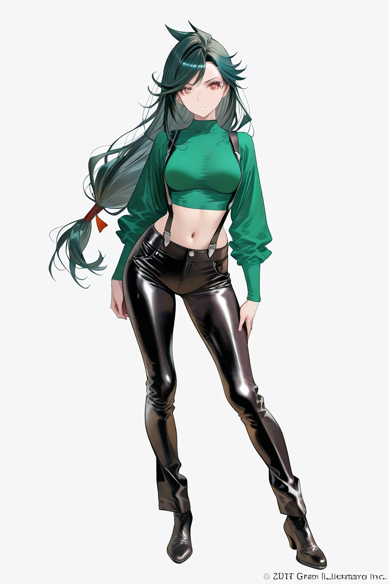 Person in black bikini and black leggings, white background, long mint hair, red eyes, simple pose, (mint-colored shoes), clear eyes