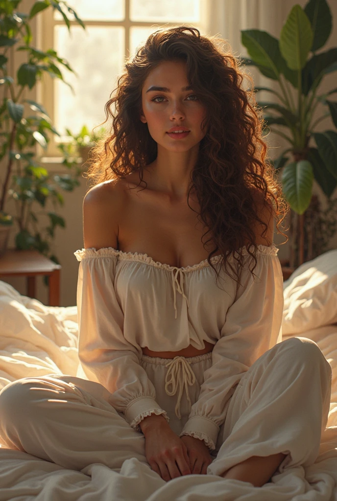(photorealism:1.2), beautiful woman, sitting on bed, wearing loose off-shoulder top, pajama pants, long curly hair, indoors, soft lighting, plants in background, window with sunlight, cozy room, relaxed pose, realistic, intricate details, warm colors, by Greg Rutkowski, by Alphonse Mucha