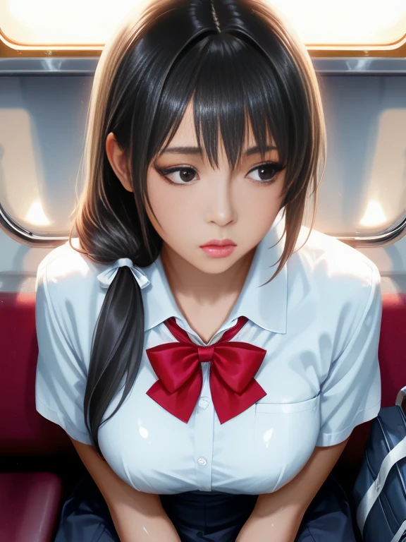 master piece,Best Quality,highest quality,Ultra-detailed,ultra high resolution,extremely detailed CG unity 8k wallpaper,Illustration,Detailed skin,Shiny skin,Realistic,Beautiful detailed eyes,luscious eyes,striking eyes,Perfect Anatomy, gleaming skin,oily skin,1girl in,Solo, cabin attendant uniform,flight attendant uniform,light blue blouse,dark blue slit tight skirt,red neckerchief,earrings,high heels,stockings,middle hair,half updo,dark brown hair,red lips,(((upper body))),(((half updo,red lips))),