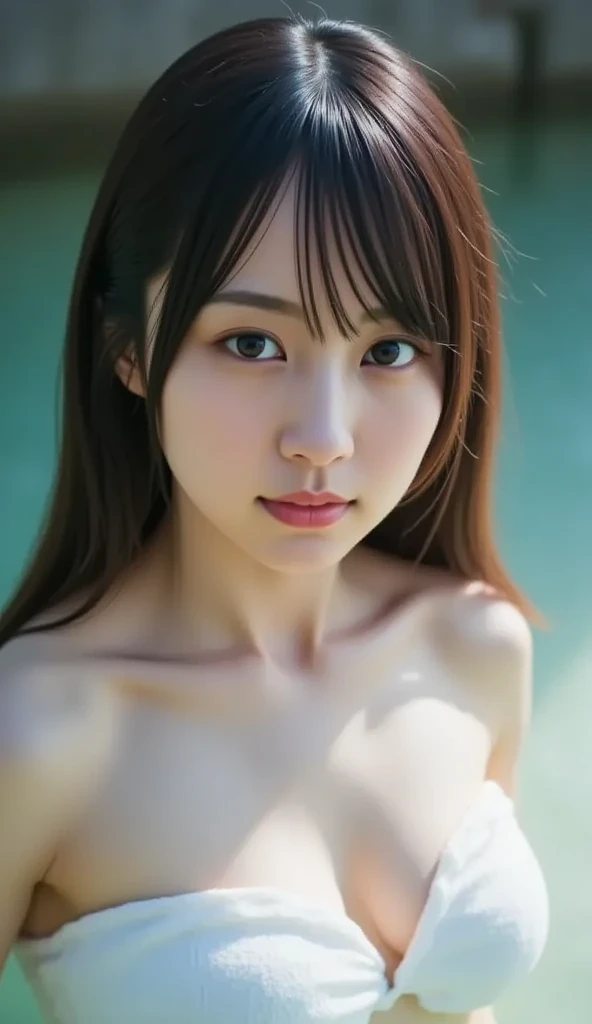 masterpiece, best quality, 1 girl, solo, large breasts, blue and pink bikini,beach, dumbfounded,((one breast out, nipples)), (nsfw:1.3)