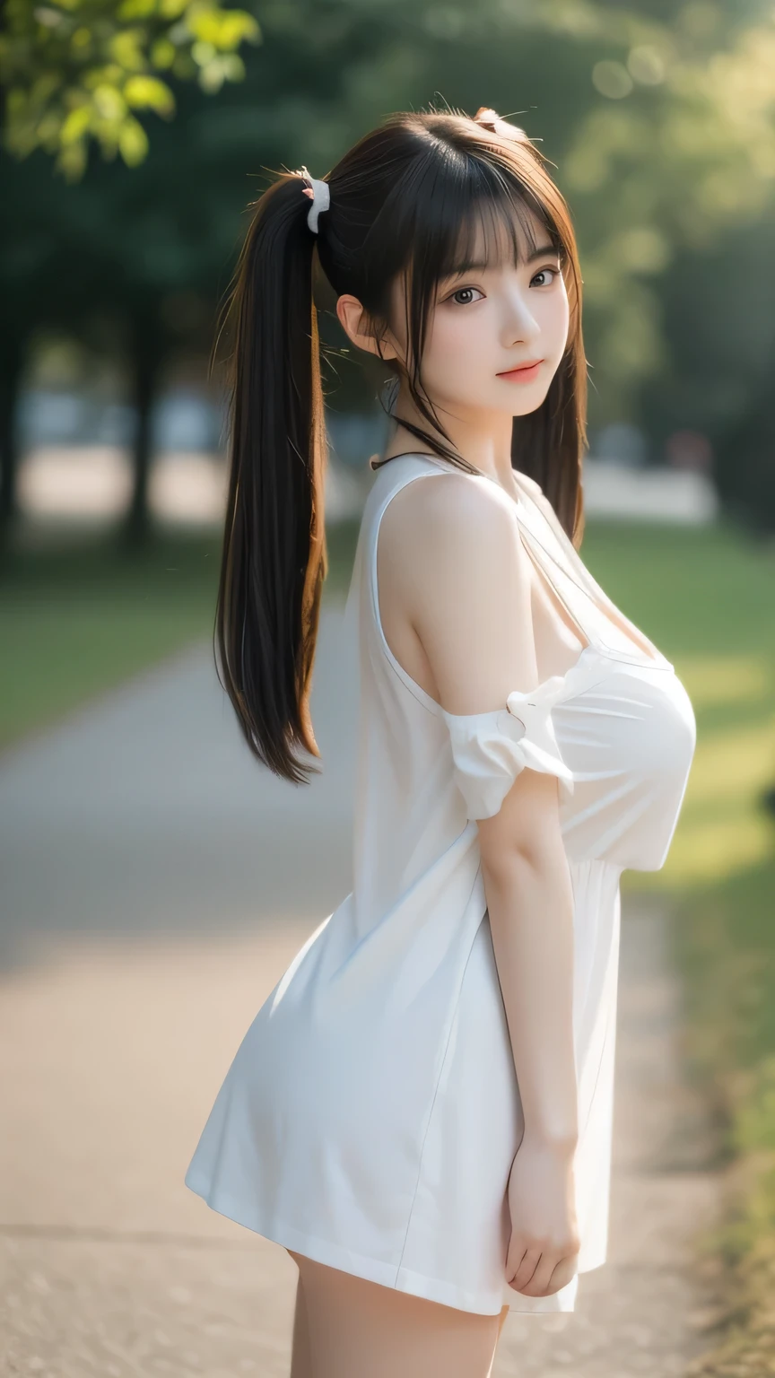 Young adult, cute south Korean girl, medium length hair, black hair, cherry flower hair decoration, (hair flowing in the wind) , red sleeveless elegant (cheongsam dress), solo, model posing, hand on her hip, hand on her chest, shy looking away, ((autumn forest)) , lifting her knee up in the air, high heels, stunning beauty, anime face, smooth defined legs, firm big calves, rim lighting, golden hour, small forest creek in the background, symmetric face, stunning details