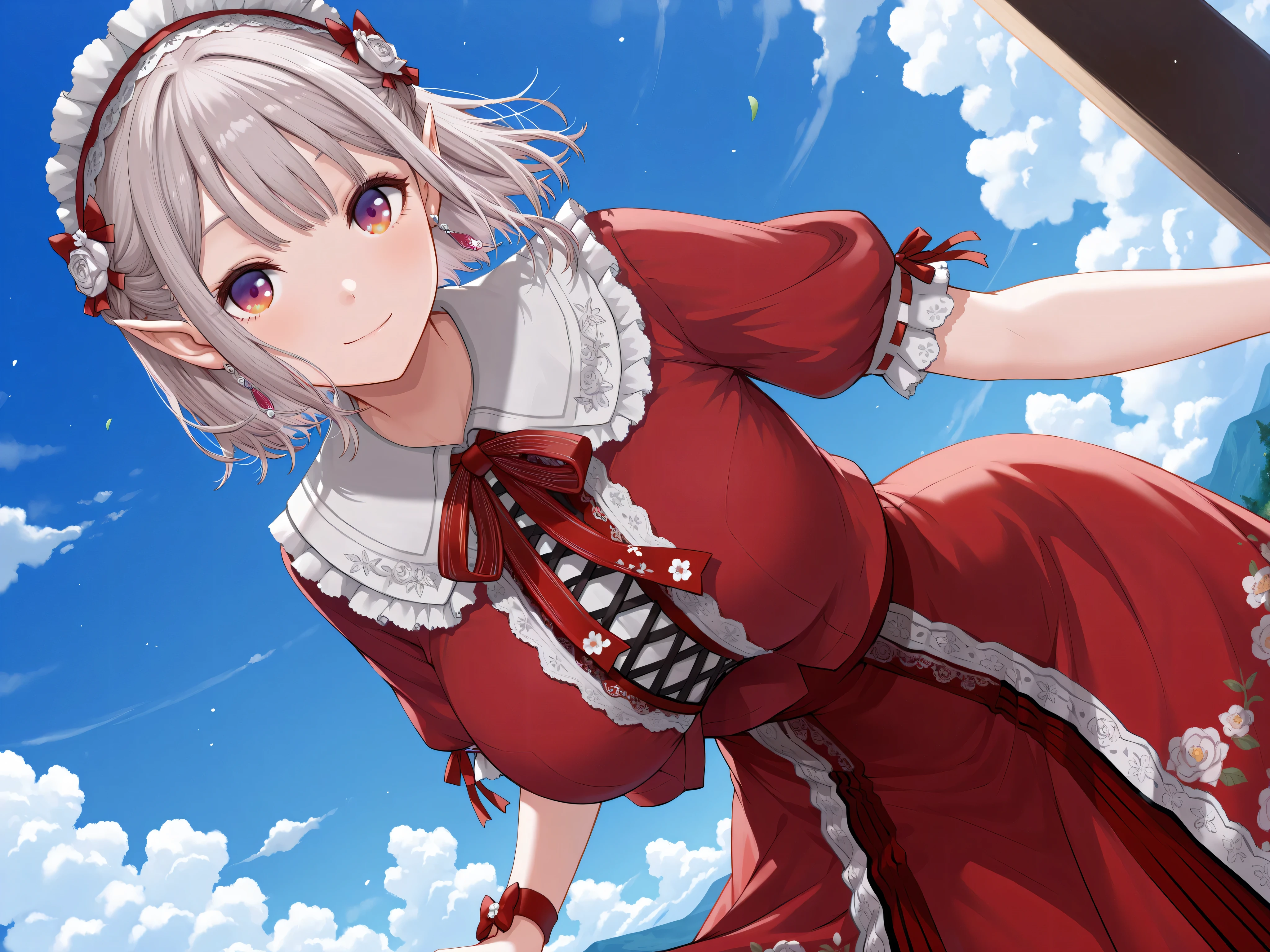 masterpiece,best quality, amazing quality, highres, absurdres, very aesthetic, high resolution, ultra detailed, perfect details,niji-elu,,large breasts,gradient eyes,red eyes,purple eyes,grey hair,pointy ears,short hair,bangs,earrings,niji-elucos1,red dress,lace-trimmed dress,frills,white collar,lace collar,neck bow,puffy short sleeves,red sleeves,single wrist band,long skirt,layered skirt,red skirt,white skirt,frills skirt,print skirt,white rose print,head dress,frills head dress,look at viewer,light smile