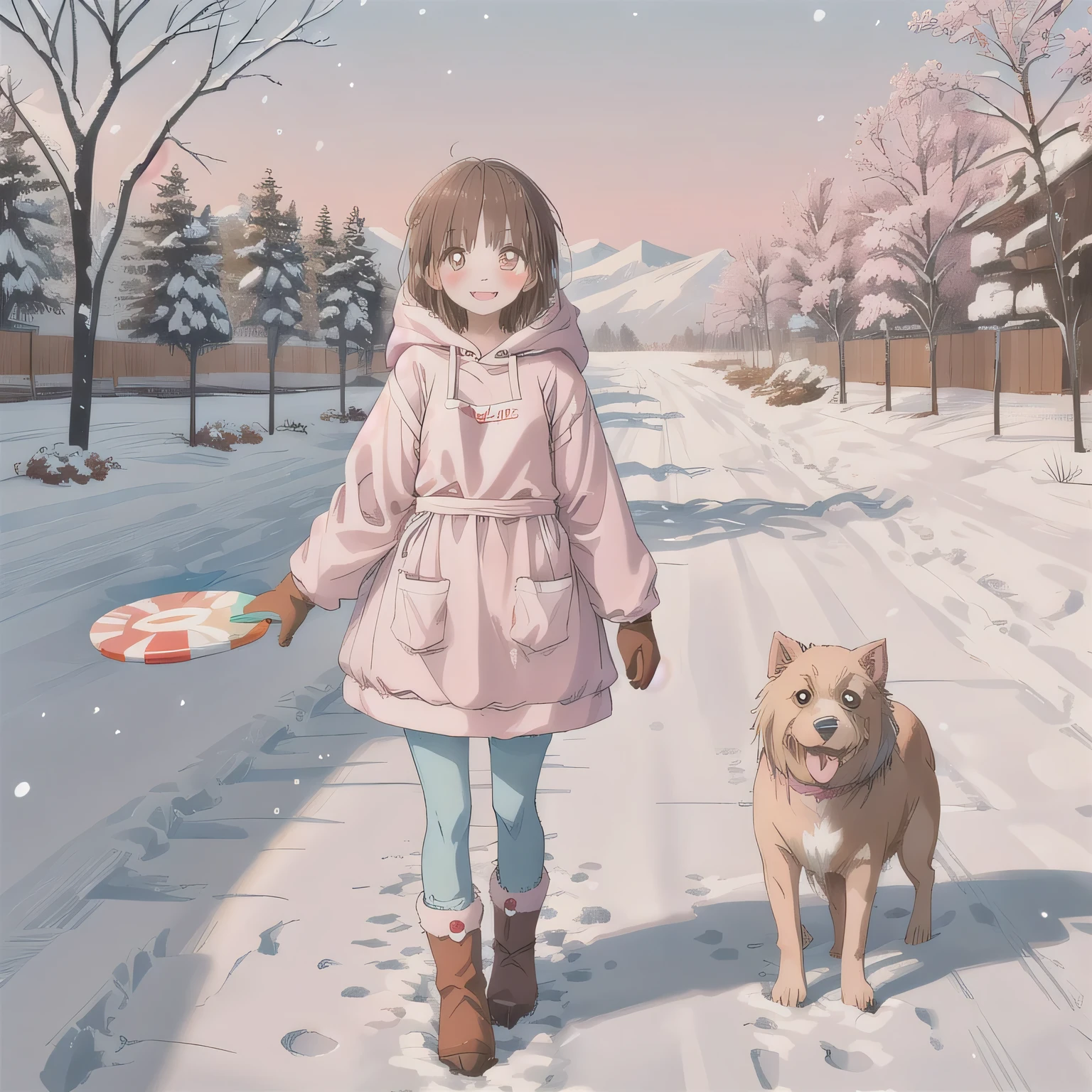 A cute anime-style girl with medium-length brown hair and brown eyes, wearing a pink dog-themed kigurumi with floppy ears and paw mittens. She has a simple white apron over her outfit. She is smiling gently and standing in a snowy landscape. Surround her with dog-related items such as a bone, frisbee, and a dog food bowl. Behind her, blooming delicate serruria flowers in soft pink tones. The scene is colorful, fantasy-like, and warm despite the winter setting. Include fluffy details on her boots and hood, and give her a playful yet gentle aura.