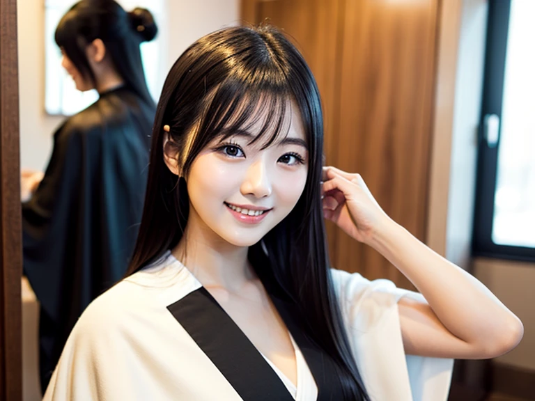 Product quality, 1 girl, Shot from the knee up, Front view, 15 year old cute girl in Japan, shiny smooth long hair, Glamorous figure, Wearing knit off-shoulder, Standing indoors with a big smile, hyper cute face, Glossy lips, double eyelids for both eyes, Natural makeup, , asymmetrical bangs, Tanned skin, central image, High resolution, high detailing, detailed hairstyle, Detailed face, Cinematic lighting, Octane Rendering, Vibrant, Hyper realistic, Perfect limbs, Perfect Anatomy