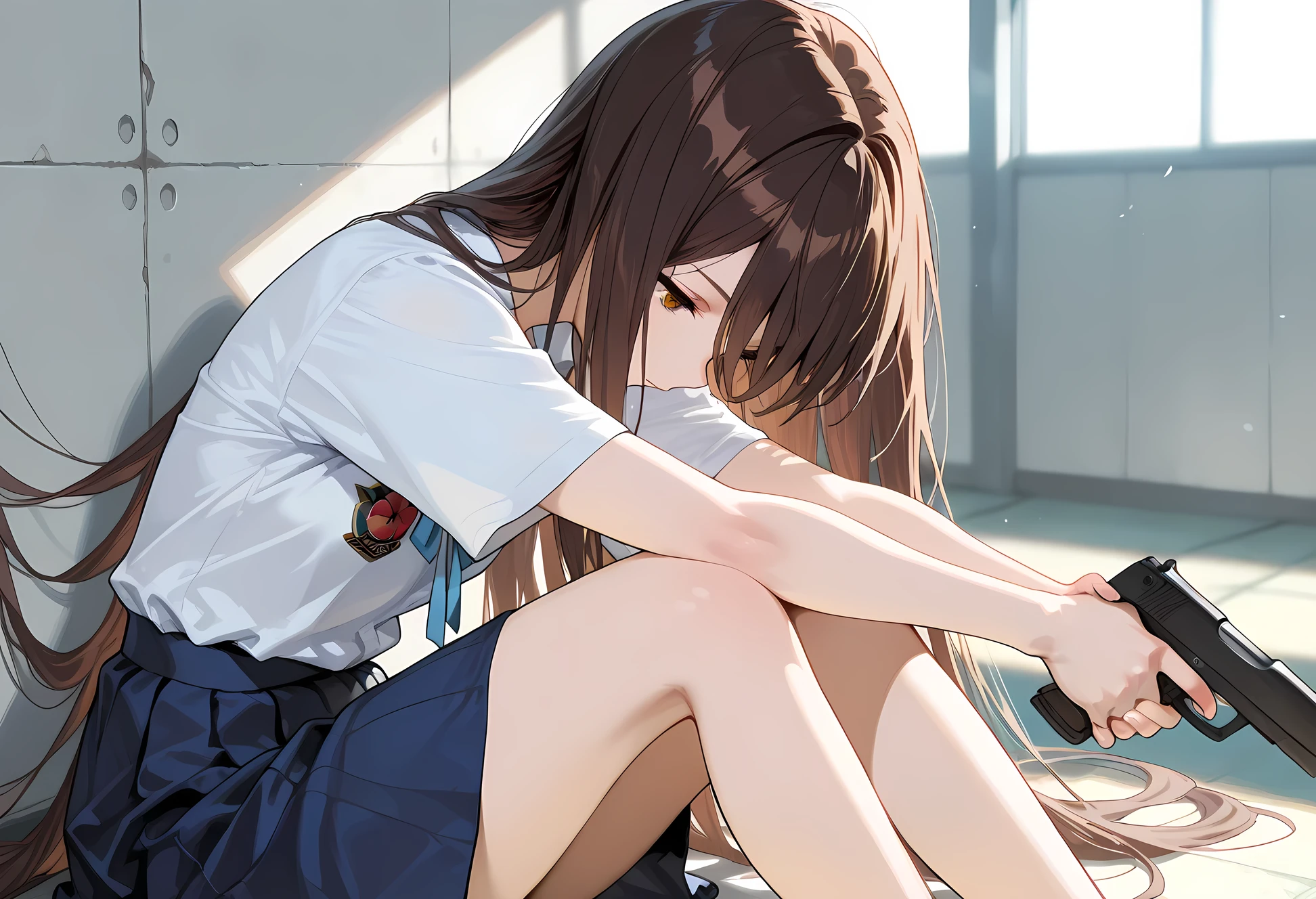 ((best quality)), ((masterpiece)), (detailed), perfect face, textured skin, ((super detail)), high quality, high details, Female gunman, samurai, holding a handgun, High school girl, summer uniform, short-sleeved shirt, light blue ribbon on chest, knee-length skirt, after school, brown hair, long hair, hair spread out, W-Sitting, leaning against a wall