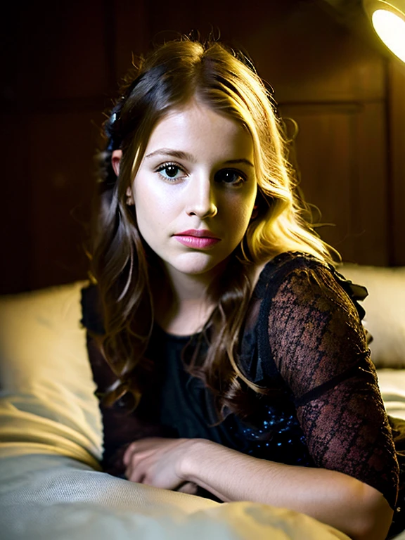 (Cute tween halfling hobbit), close up, bust focus, natural light, tomboy, skinny, thin, slim, lean, slender, nubile, posing for picture, blonde hair, blueeyes, warm lighting, thinner, perfect lips, fat lower lip, young, youthful, , teen, in a wooden fantasy tavern, dirty brown tavern wench dress, big pointed ears