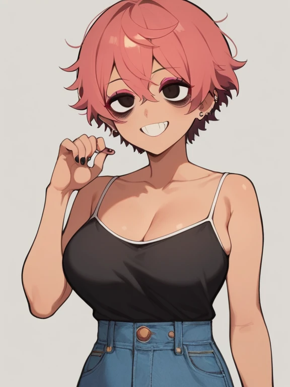 woman, curly red pixie cut hair, green eyes, wearing crop top black shirt, long black jacket, red plaid skirt, black fingerless gloves, exposed shoulders, large breasts freckles, cleavage, abs, looking at viewer, masterpiece, best quality, flat colors