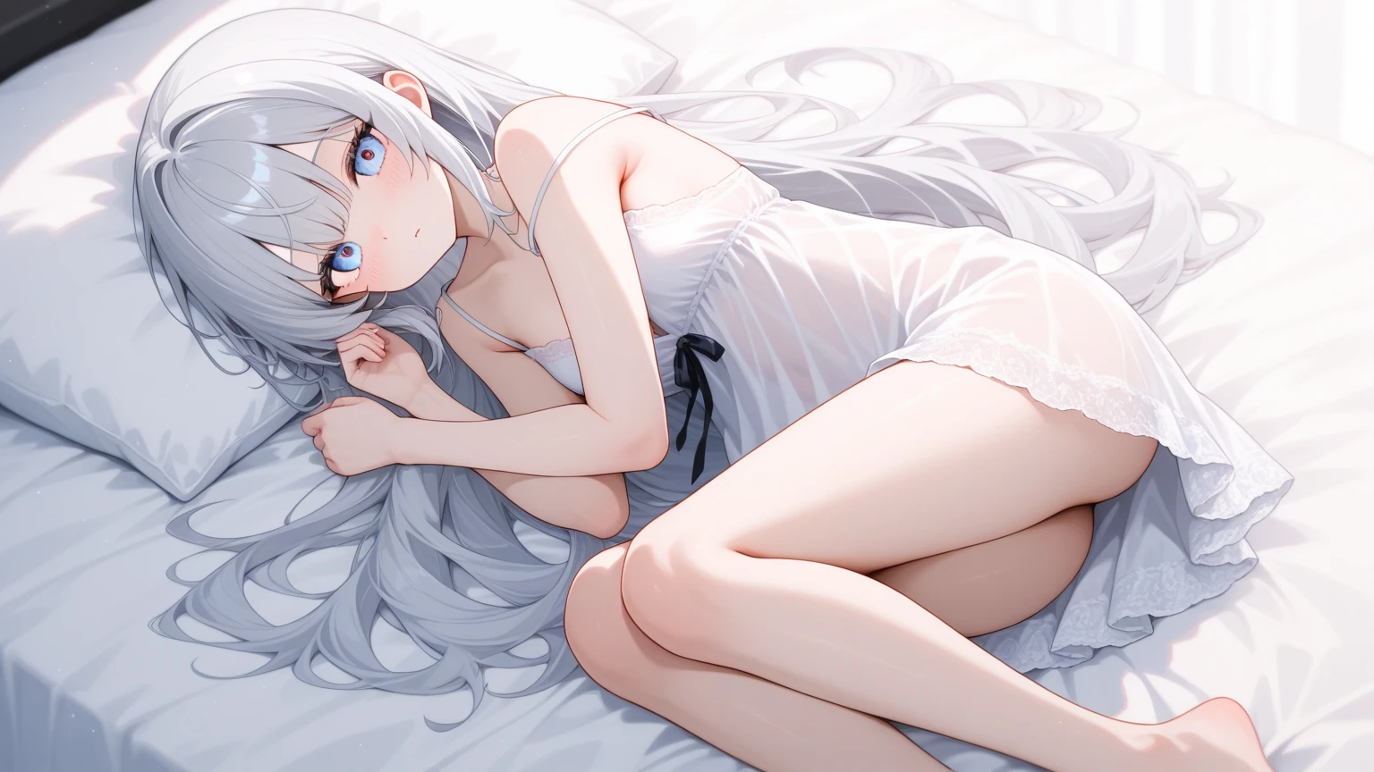 (muste piece), (best quality), (score_9, score_8_up, score_7_up), very detailed eyes, expressive eyes, perfect face, very detailed face, highly detailed face, beautiful girl, 8K, beautiful girl, (white background:1.3), delicate and beautiful face and eyes, dark intense shadow, 1 girl, solo, vtuber style, cool girl, hololive, vtuber, Shirakami Fubuki, white hair, long hair, blue eyes, fox ears,fox tail, see-through:bride, bridal veil, bridal gauntlets, wedding dress, bridal garter, bridal legwear, white thighhighs, medium chest, soft chest, cleavage, clavicle, ass visible through thighs, half-closed eyes, sleeping, breathing, (full body), sleeping face, lying on bed, arm on forehead,
