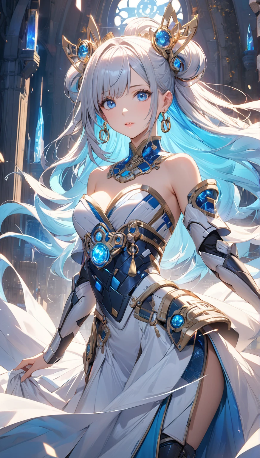 Cyan futuristic fairy tale priestess girl dressed in work costume armor suit (((Skirt))) (((Robe))) Necklace with relic pendant, (Layered robes), magic, ((rae)), futurism, Cyberpunk, Silk, fur, (Stockings), Natural breasts, Slim body, zettai ryouiki, ((((Medium length dull hair)))), Dull hair, (Beautiful and delicate bright bright eyes), Portrait, (Beautiful and aesthetic:1.2, Fractal art:1.4), most realistic, Hyper-realistic, primitive, Highest quality, Best quality, Detailed, Realistic, 4k highly detailed digital art, rendering by octane, Bio-luminescence, (Cool_Color), best pixels, 8K Ultra, Extremely detailed Cg Unity 8K wallpaper, Cinematic lighting