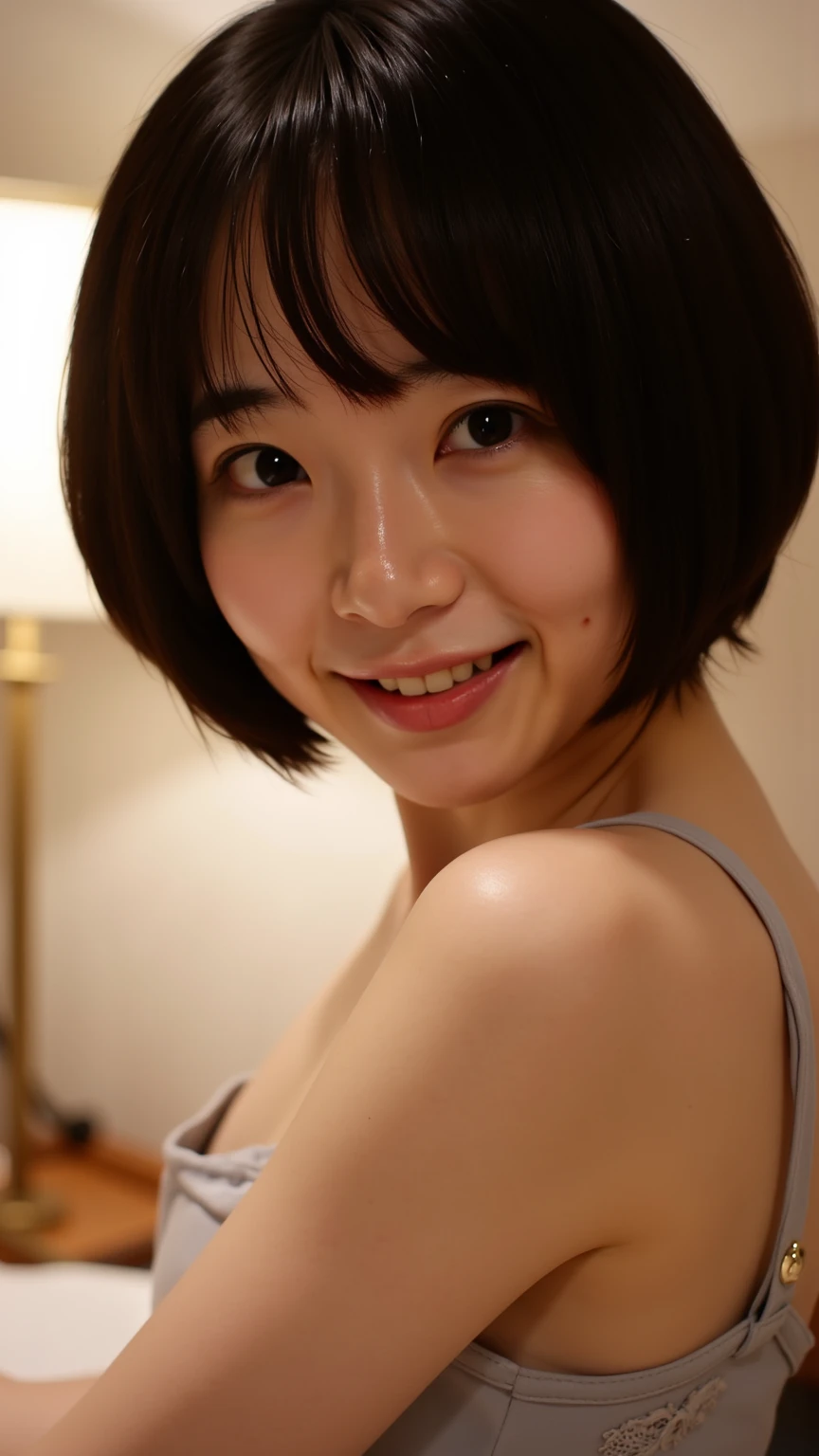 (8k、RAW Photos、Highest quality、masterpiece:1.2)、((Smiling with teeth showing、Caramel colored hair、Short Hair:1.3))、((naked、Nipples、pubic hair、Large Breasts))、(Realistic、Realistic)、1 girl、(naked、Old Japanese-style room、On the bed、Sleeping facing up、Look at the ceiling、moonlight、night、smile))、cute