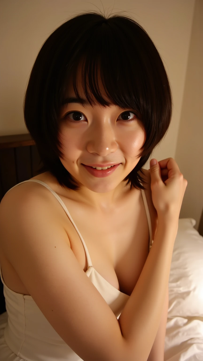 30 years old Naked Japanese girl with short bangs laughing and sit on the bedroom