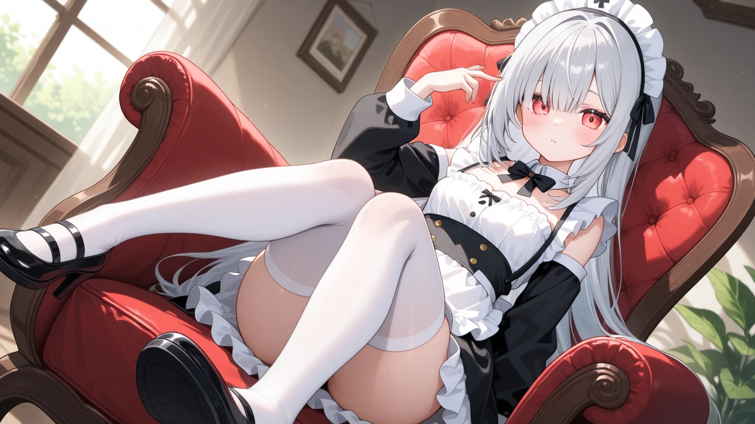 Slender girl with a long penis. high growth. futanari. long white hair. The breasts are large and partially visible through the bra. big, very long penis visible through clothes. She is dressed in a maid's costume. Her huge flaccid cock is stuffed into her stockings. legs spread to the side. Fully dressed in maid costume