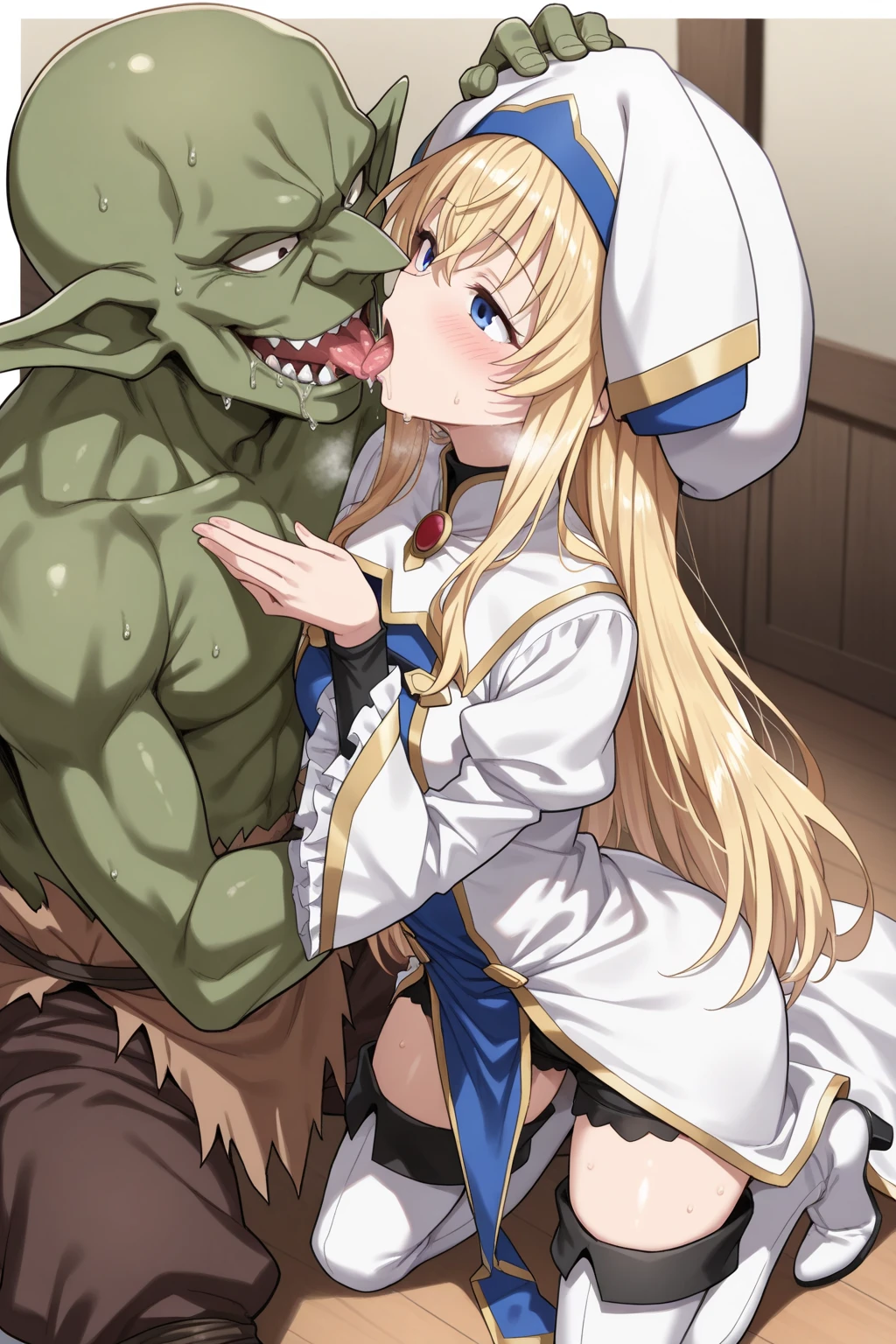 (Masterpiece, Best Quality, Highres:1.2),
priestess, long hair,((gradient hair)), blond hair, multicolored eyes, gradient eyes, (glowing eyes:1.1), mascara, (fashion make up), parted lips,hat, long sleeves, dress, thighhighs, white headwear, thigh boots, wide sleeves, white thighhighs,
(Crying a lot:1.2), Sweaty, (orgasm face:1.4), (female_orgasm:0.8), suspendedonpenisms, skindentation:1.1, molestation, masterpiece, (sex:1.2), (penis:1.2), (open legs:1.3),legs up,
open mouth, full-face blush, (torn clothes:1.5) ,(crying:1.3) scared expression, Tears,
lying , goblin, (surrounded many goblins:1.5), multiple_boys, being molested by a goblin,A goblin is groping her breasts, Outdoors, Stone floor