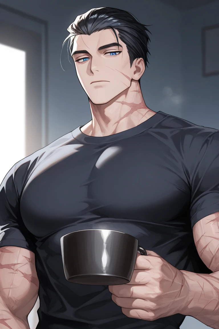 Highest quality、(muscular male:1.5)、(father:0.5)、guy、Short Hair、Sports haircut、short hair、hero、Tight-fitting suits、Laboratory、Embarrassed face、(sweat:1.3)、steam