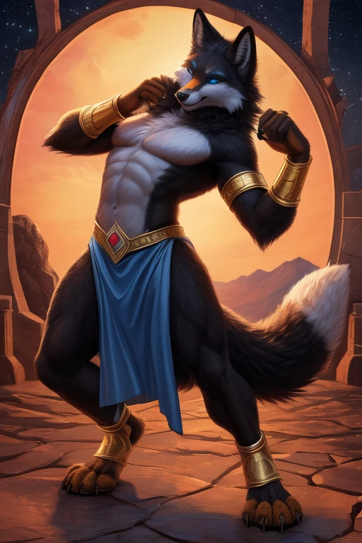 solo, anthro, furry, furry male, maned wolf,((short fur,furry, smooth fur, opaque fur)), (maned wolf black print, black forelegs and forearms), black pupils, white sclera, ginger body, black fur, purple eye, tail, detailed fur, detailed face, detailed eyes, bare chest, (bedlah clothes), ancient temple, (by null-ghost,by raccoon21, masterpiece, high quality, hi-res, 8k, hd, half-light), standing,close-view portrait, looking at viewer, night, indoors, gentle expression, seductive, Dancing, belly dancing, swimmer build maned wolf man, black nipples, pierced nipples, mid 20s, arrogant, lazy, nude